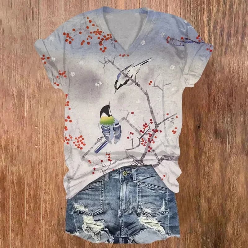Vintage Morning Sun Chickadee View Print Short Sleeved V-neck T-shirt Summer Women's T Shirts