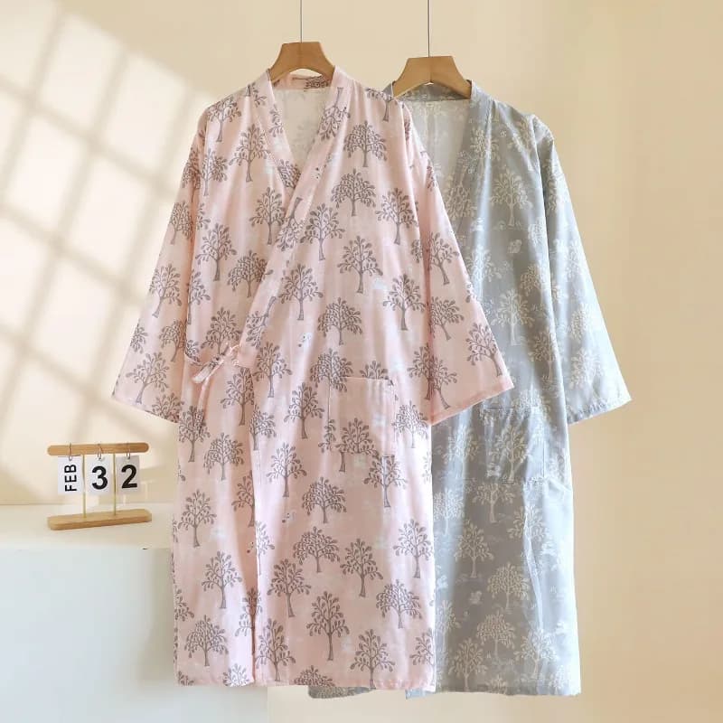 2026 Japanese Spring/Summer New Couple Kimono Sleeping Robe 100%Cotton Gauze Men's and Women's Sweat Steaming Robe Home Clothing