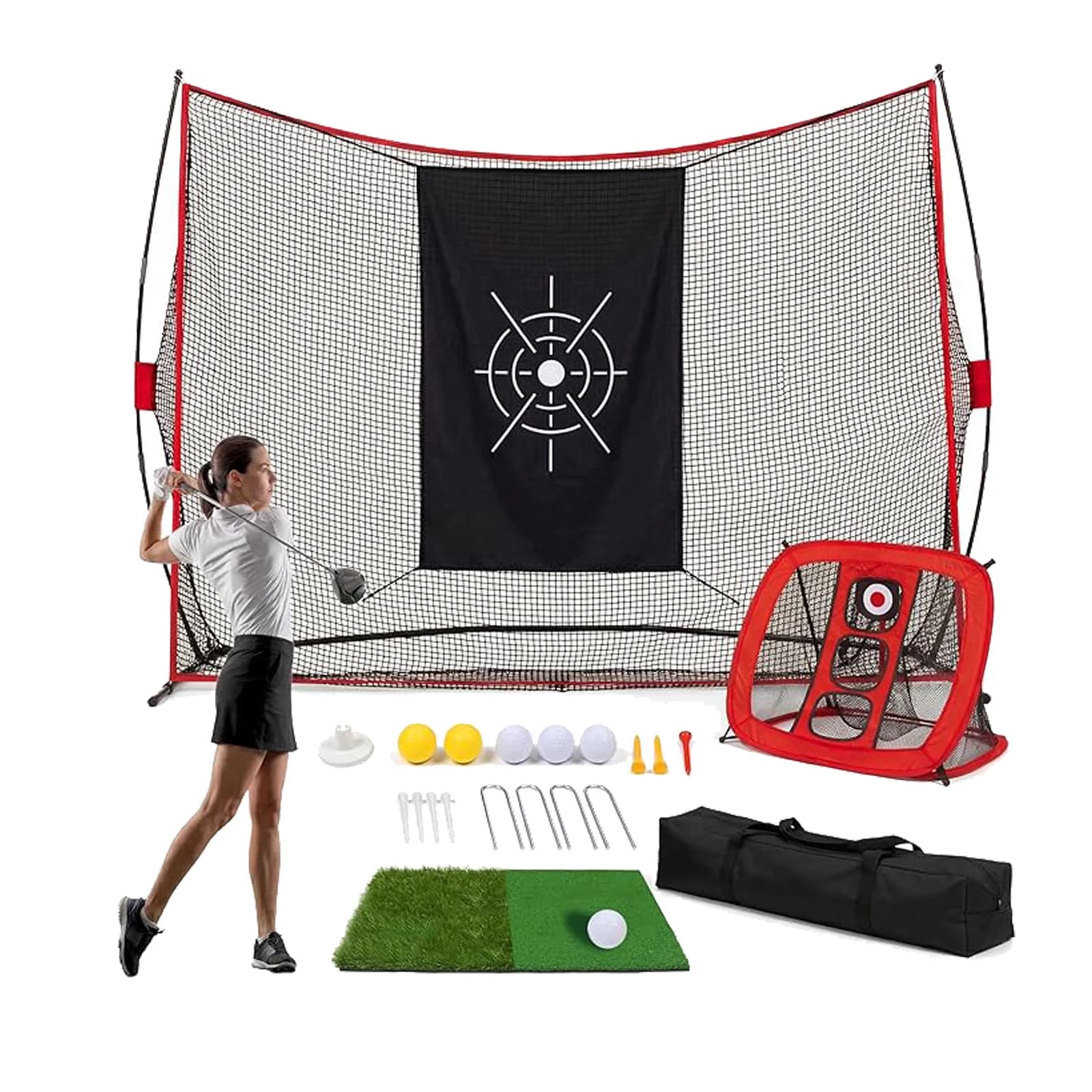 Rete da Golf 10x7ft, Rete da Allenamento Durevole a 5 Strati con Mirino per Chipping, Pali Migliorati, Tappeto, Palline, Tee e Borsa per Giardino
