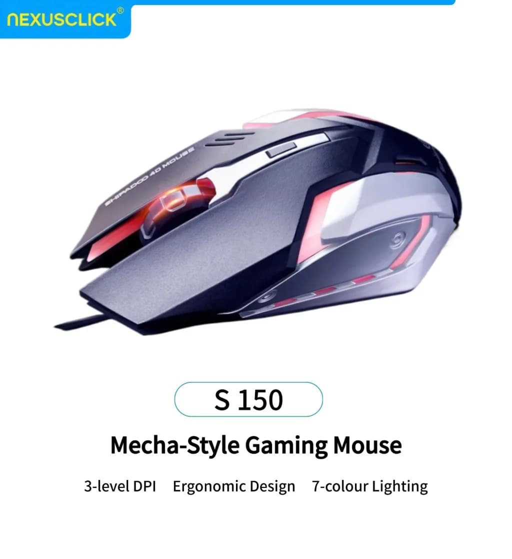 Mouse da Gaming Cablato USB NexusClick S150, 1600 DPI Regolabili, Ergonomico con 4 Tasti Silenziosi, LED a 7 Colori con Effetto Respirazione per Ufficio e Gamer