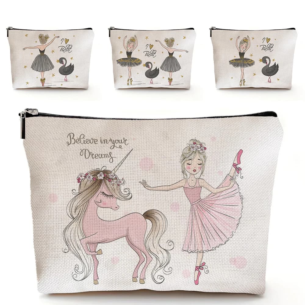 Ballerina Girl Cartoon Lady Borsa per il trucco Doppia stampa Cigno nero Borsa per cosmetici Borsa da viaggio per articoli da toeletta Custodia da donna