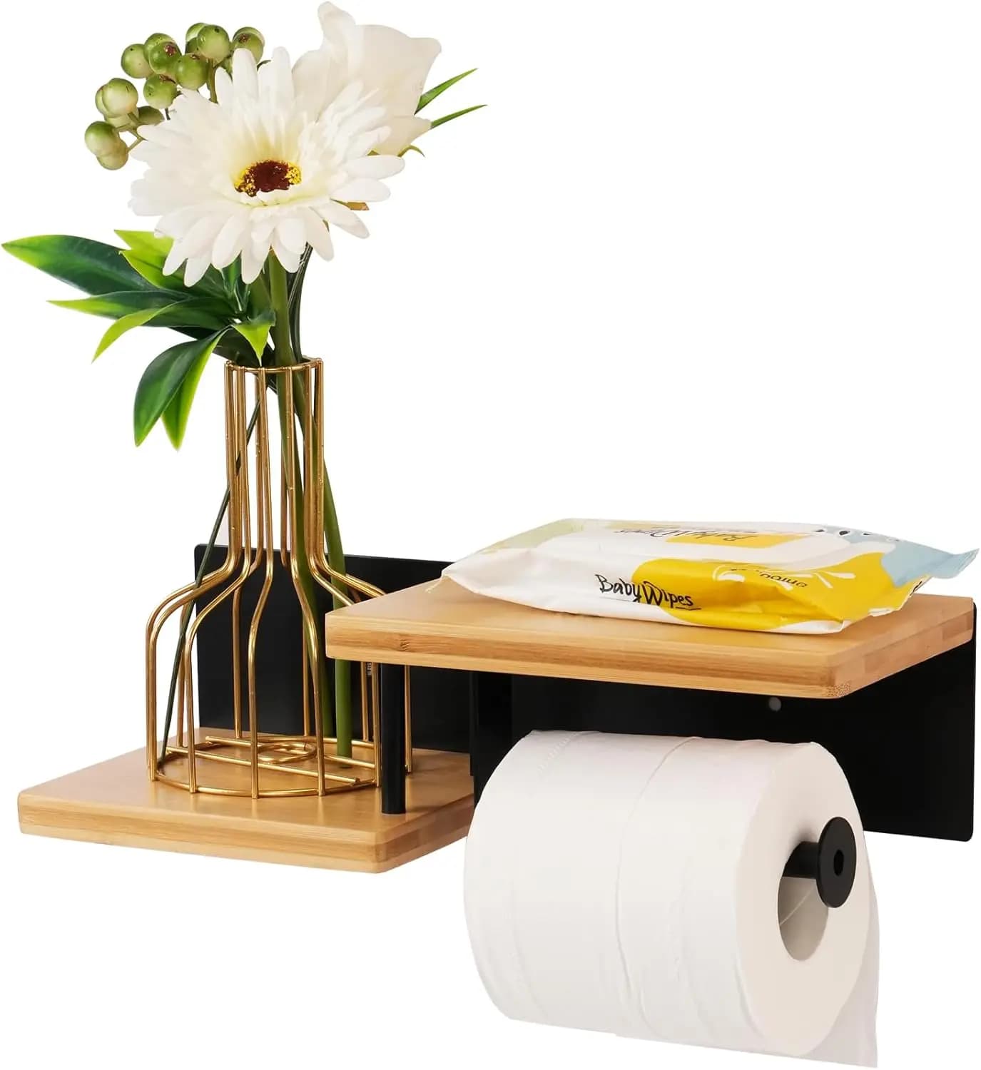 Bamboo Toilet Paper Holder with Phone Shelf, Wall Mount or Adhesive, Rustic Bathroom Tissue Roll Holder with Wipes Storage