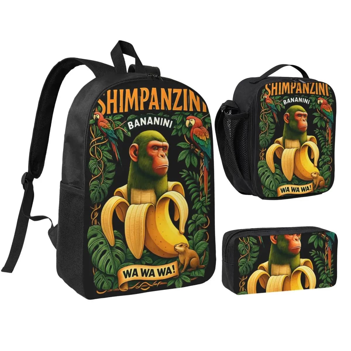 Shimpansinni Bananini, Monkey Banana 3pecs/set Backpack for Teenage Italian Brainrot Laptop Daypack Lunch bag Pencil Case