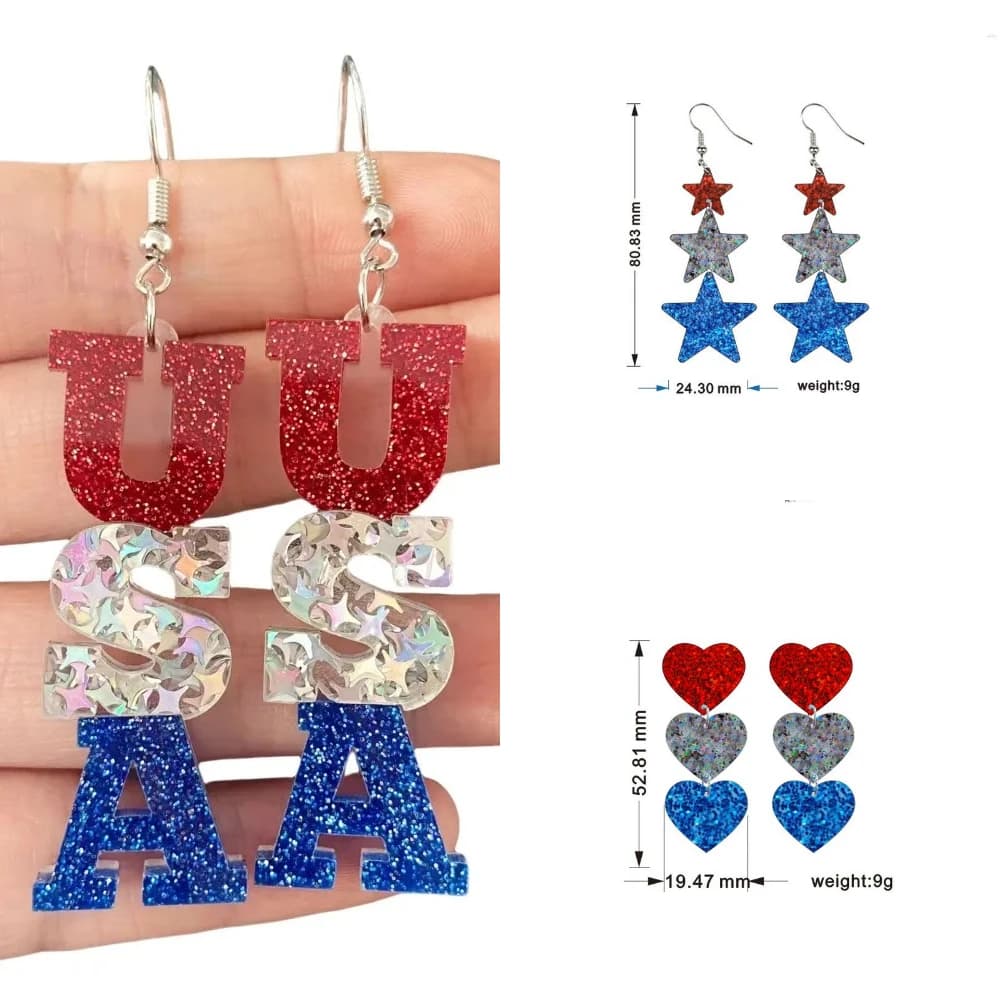 Personalized Exaggerated Independence Day Long Striped Acrylic Heart Pentagram Ear Hook Earrings Suitable for Daily and Gifts