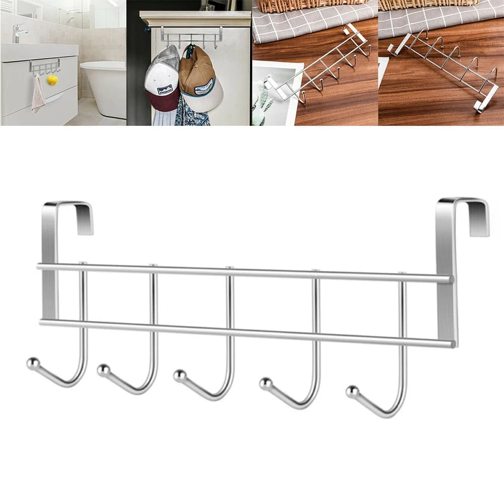 Organizer to hang over the door with 5 hooks, made of durable stainless steel, to hang towels and clothes in the bathroom.