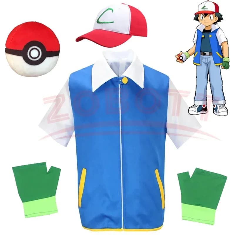 P-PokemonING Go Gioco Cosplay Ash Ketchum Vestiti Uomo Giacca blu Costume Ragazzi Ragazze Cosplay per Party Trainer Pokemon Cap Guanti