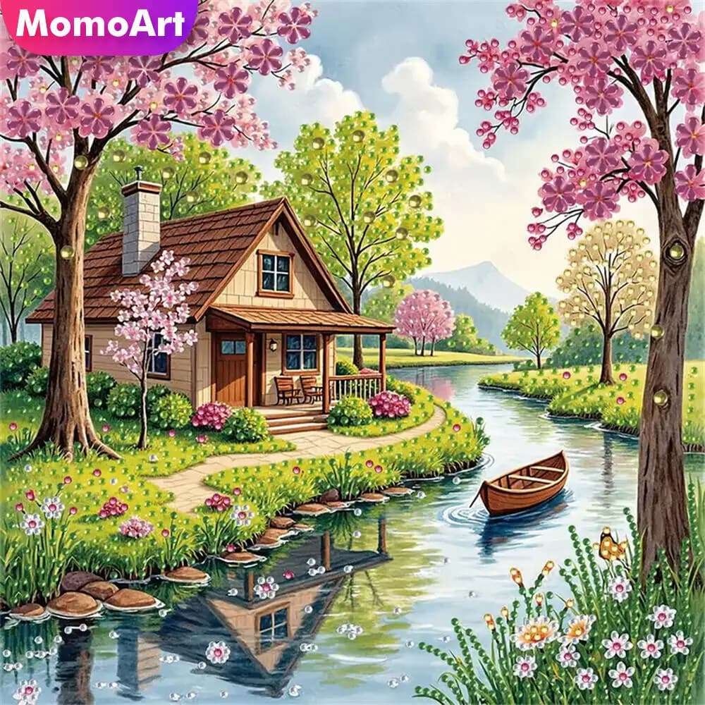 Momoart Full Square Round Diamond Mosaic House Landscape Needlework Diamond Painting River Craft Kit Embroidery Tree Home Decor