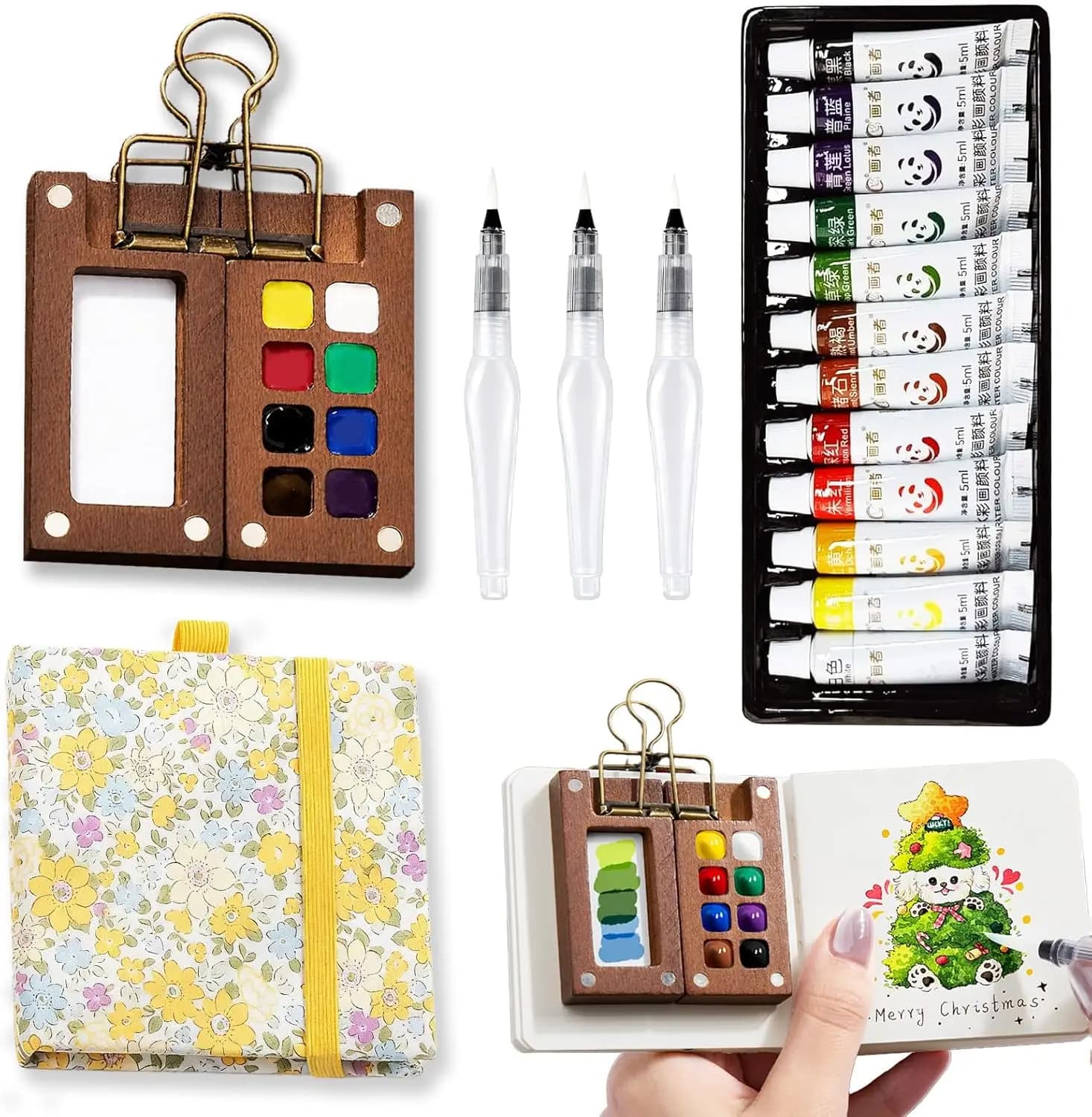 Mini Watercolor Palette Set - 12 Colors, Brush*3, Sketchbook, Clips for Travel & Art