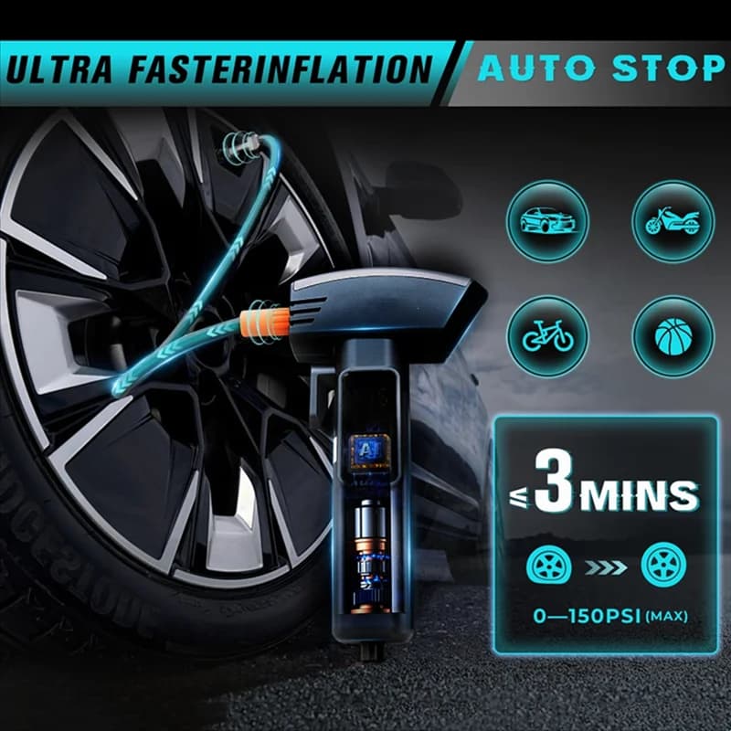 Gonfiatore per pneumatici per veicoli 6IN1 Compressore d'aria portatile Martello di sicurezza e pompa d'aria per pneumatici per auto con luce a LED