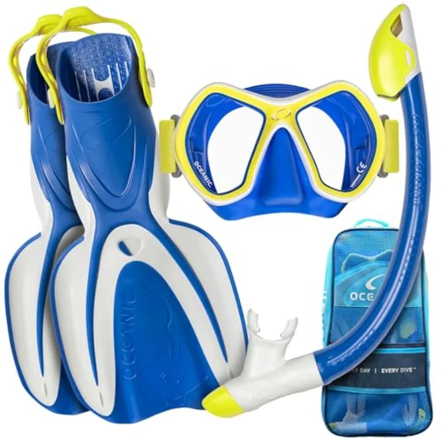 Set da snorkeling per l'esplorazione oceanica, maschera panoramica a visione ampia in vetro temperato, pinne da snorkeling, borsa a rete per attrezzatura in blu navy con antiappannamento