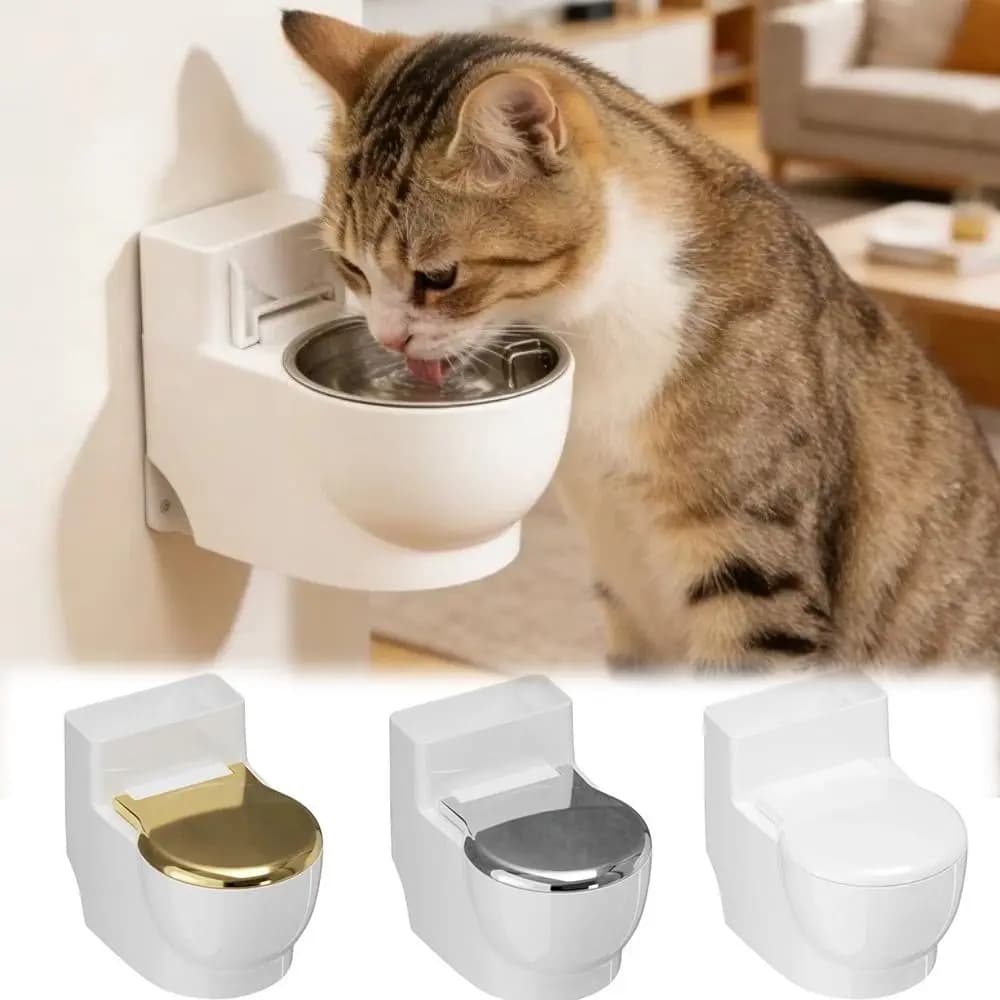 Ciotola per Acqua a Forma di WC in Acciaio Inossidabile per Gatti, Montaggio a Parete, Antiscivolo, Antispruzzo, Accessori per Animali Domestici