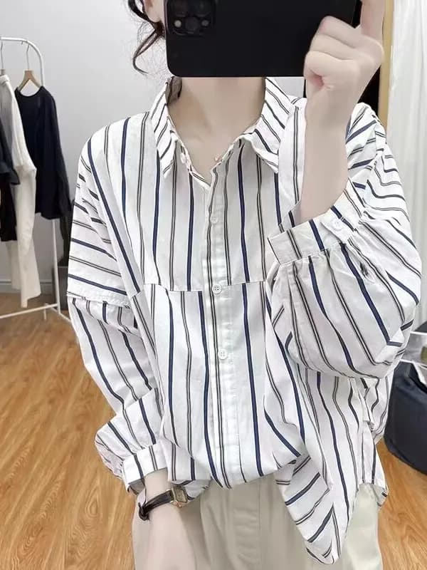 Loose Fit Striped Long Sleeve Shirt Women's Fashion Korean Style Casual High Waist A-Line Skirt Collar Cardigan Coat