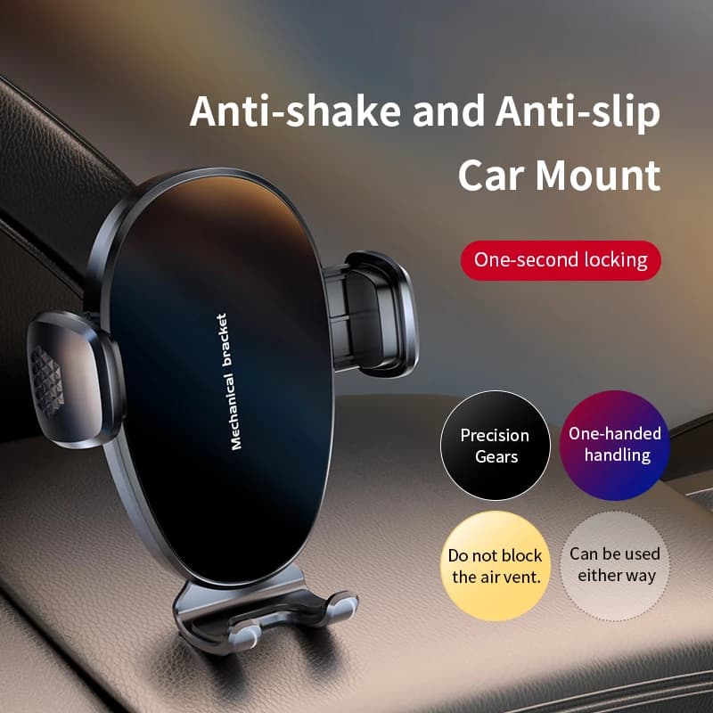 1‑Sec Lock Mechanical Car Phone Holder – Precision Gear, 360° Rot, Anti‑Shake, Universal for iPhone & Android – Vent Mount(BK73)