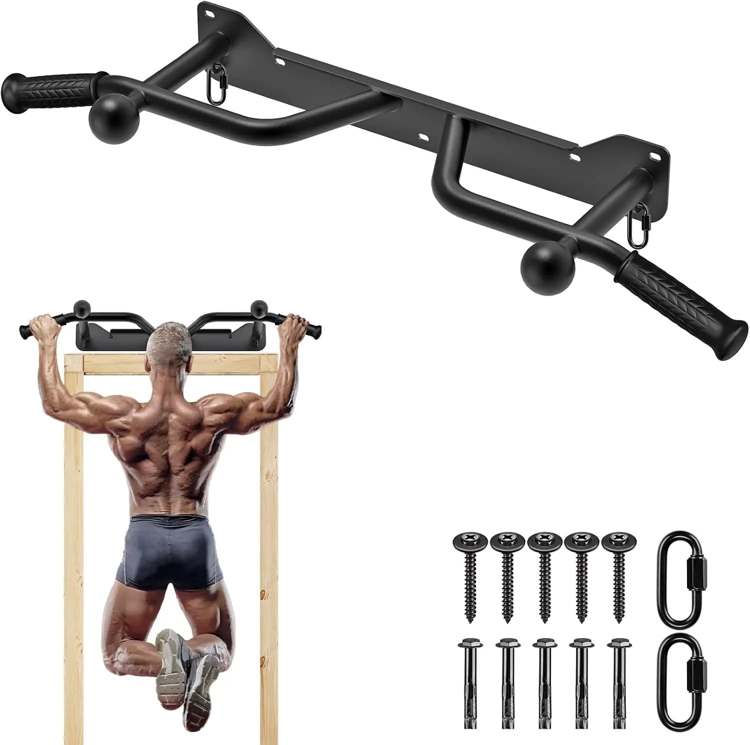 Welded traction bar for heavy loads, traction bar for wall mounting with 2 rings and balls, thick metal for workouts support 500 pounds