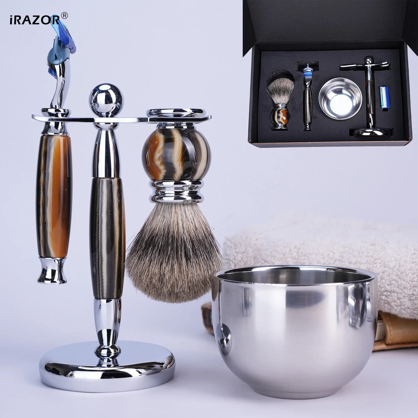 iRAZOR Lusso 5 Lame F5 Fusion Rasoio Kit da Barba per Uomo con Manico in Resina Silvertip Tasso Spazzola per Capelli Ciotola Strumento per Toelettatura Regalo