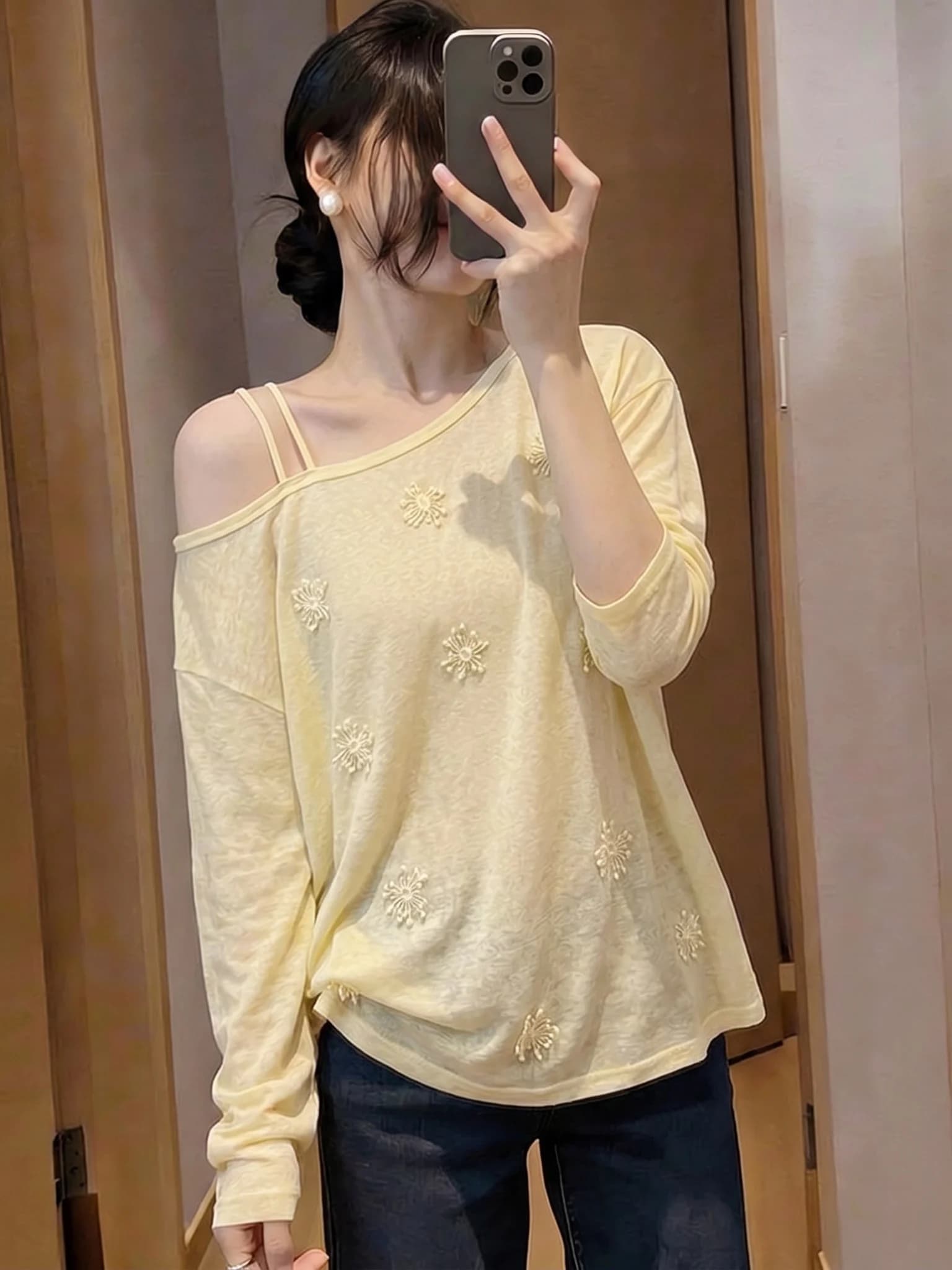 Summer New plus Size Women's Long Sleeve T-Shirt Shoulder Bared Outerwear Cover up Commute Style Korean Loose Fit Sunscreen Top