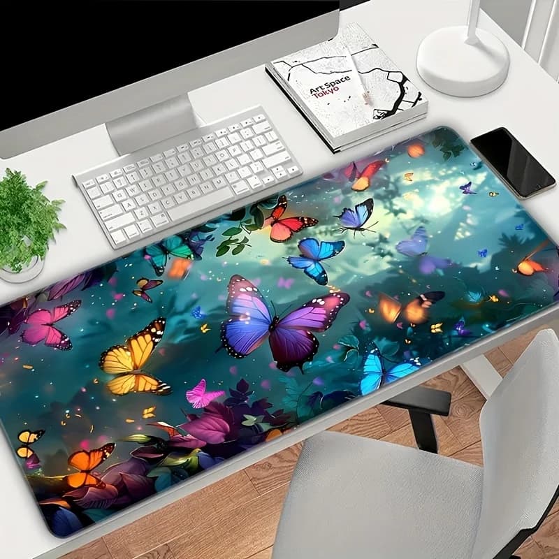XXL mouse pad with natural green butterfly, aesthetic and cute desk mat, anti-slip rubber base, game configuration