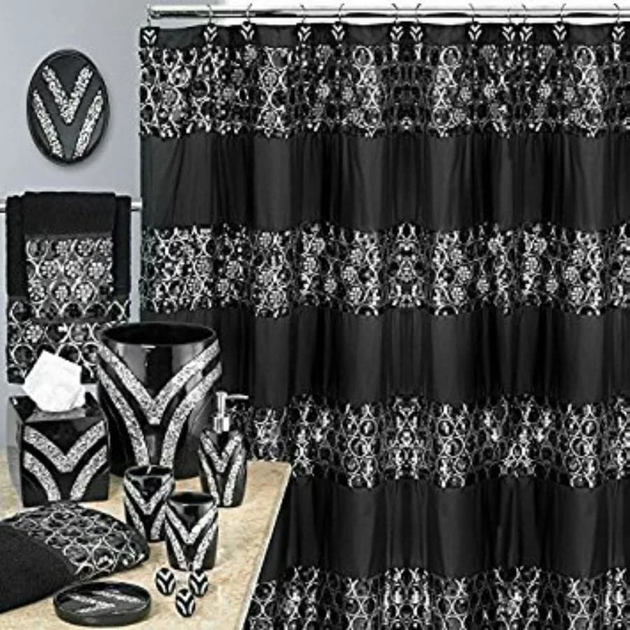 Set di tende da doccia nere da 8 pezzi e cestino per rifiuti in resina per bagno, materiale in vinile durevole, design moderno e minimalista, resistente all'acqua