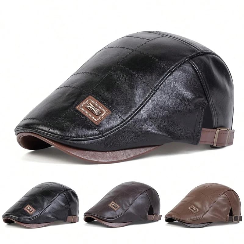 JAMONT Men's Retro PU Leather Skeleton Hats Labeling British painters Hats Spring Autumn Beret adjustable side plate Berretti Hip Hop