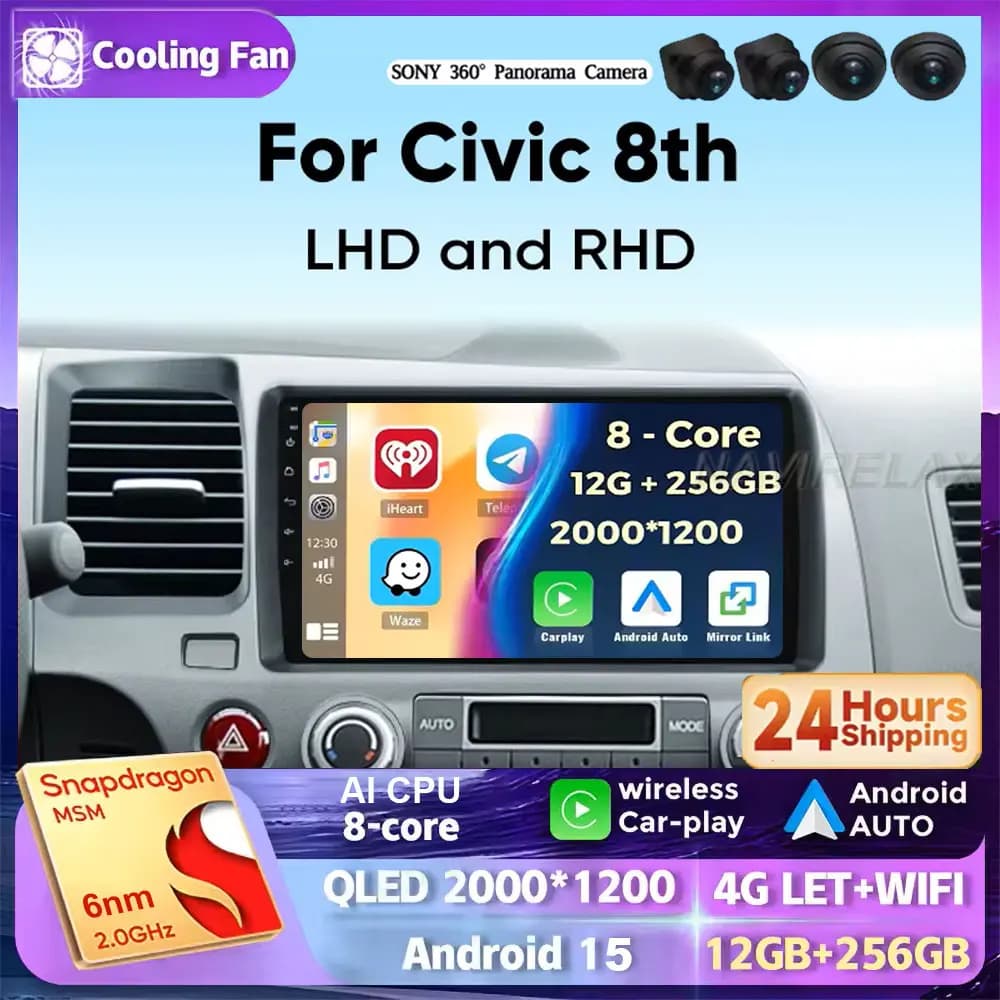 Android 15 Carplay Car Radio For Honda Civic 8 2005 2006 -2012 Navigation GPS Multimedia Player Stereo WiFi+4G Auto video BT DSP