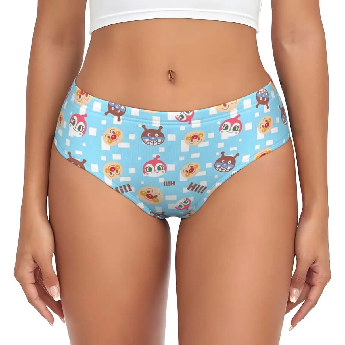 Slip da donna elasticizzati con stampa manga di Anpanman, intimo a tema cartone animato.