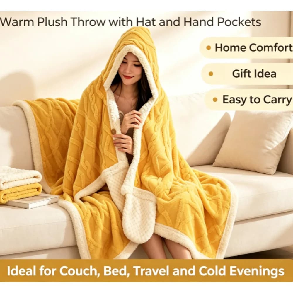 New Hooded Shawl Blanket Warm Cape Wearable Blanket Embossed Texture for Home Office Nap Outdoor Travel Women Warm Throw Blanket