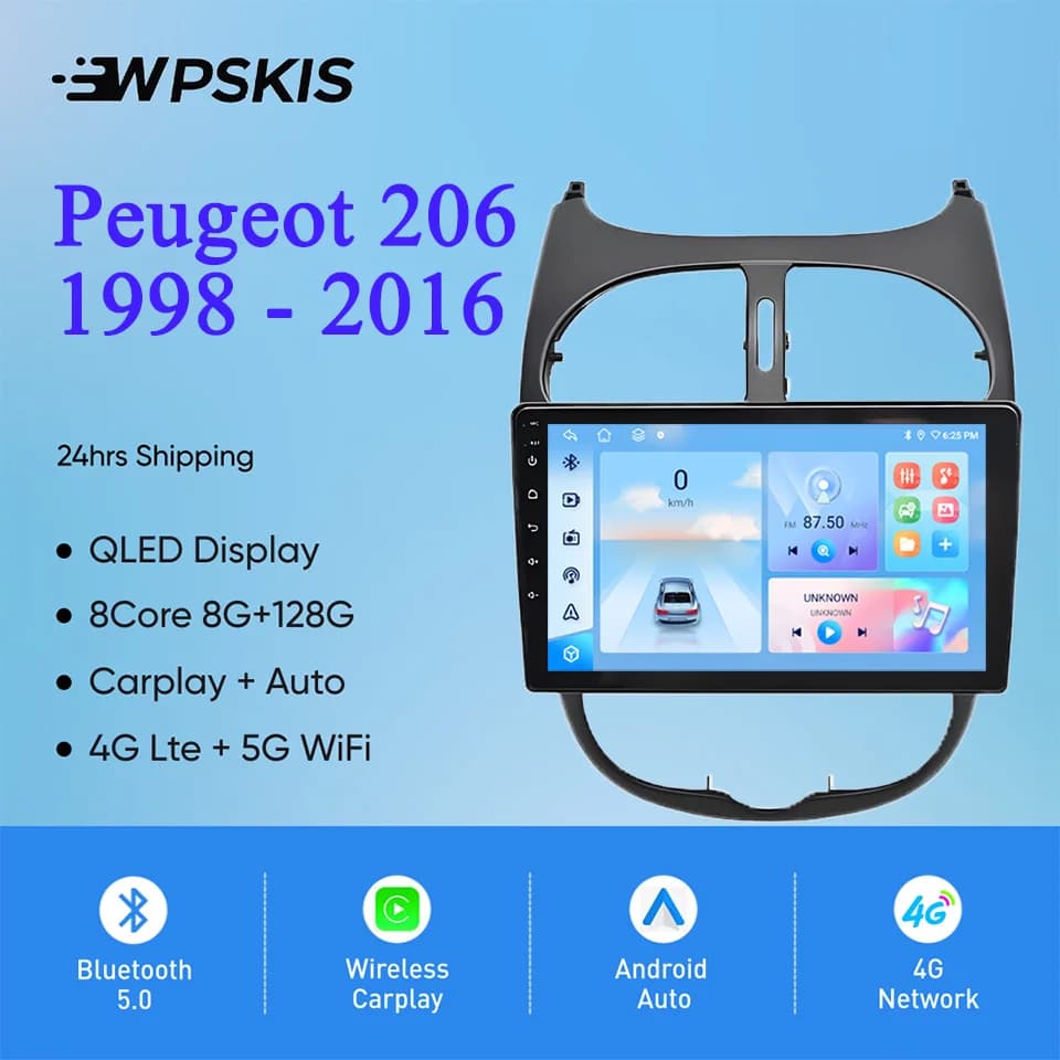 8G + 128G Android 14 Per Peugeot 206 1998 - 2016 Autoradio Video Audio Lettore multimediale Navigazione GPS PC Tablet Carplay RDS DSP