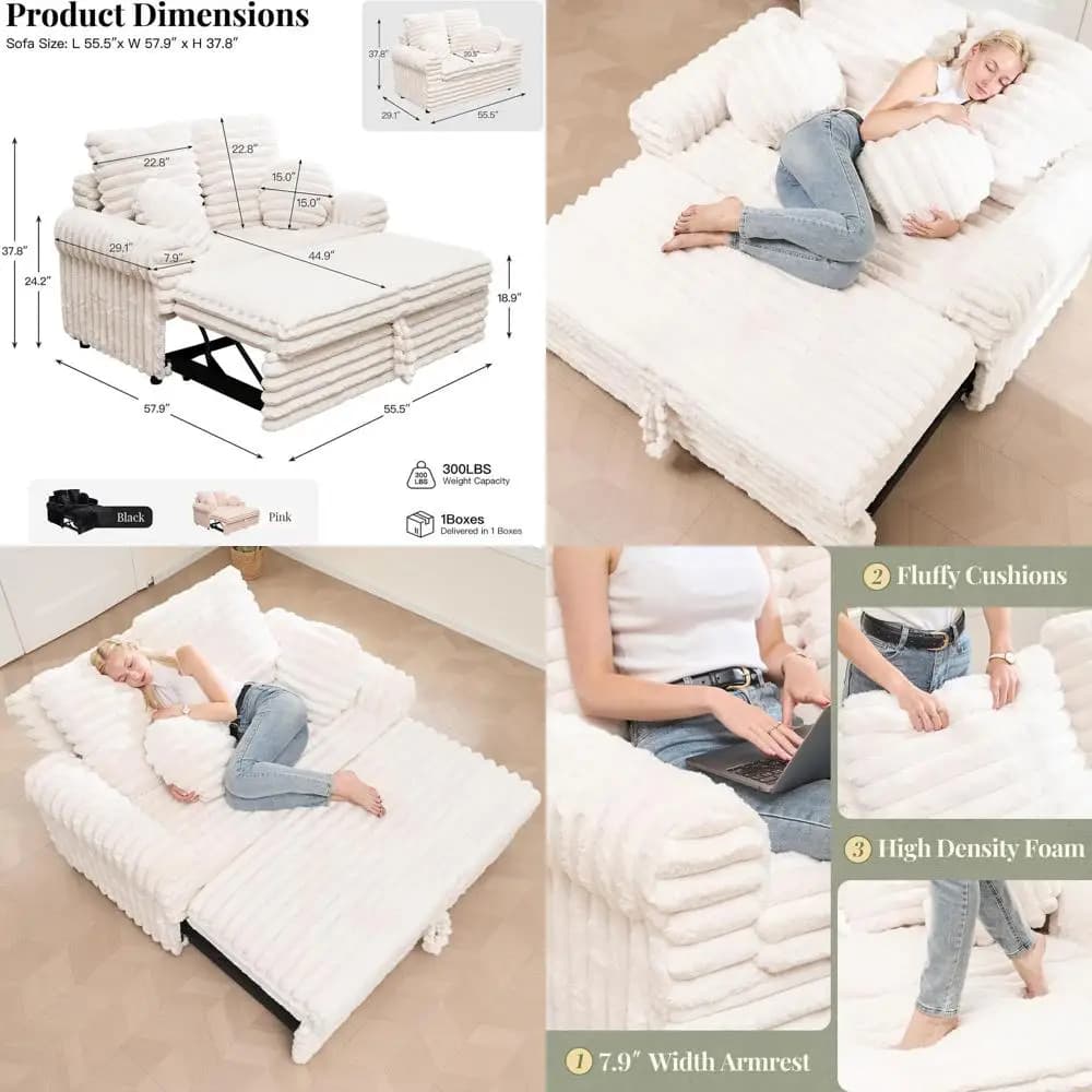 Sofa bed chaise lounge in soft velvet with pull-out sofa and cushions (white)