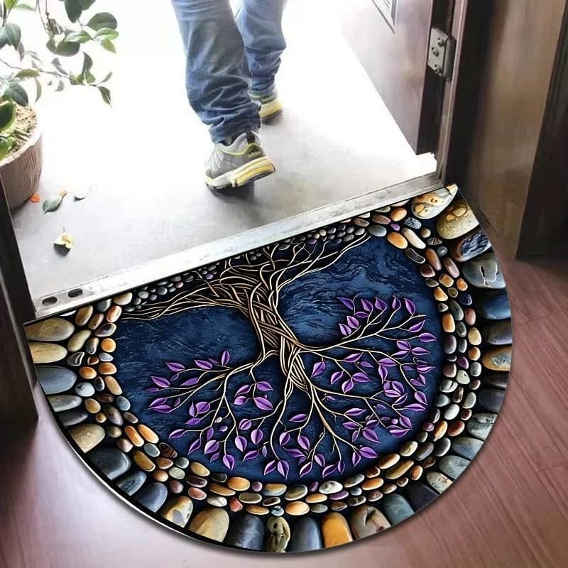 VIKAMA Semicircular mat with mystical life tree, washable non-slip mat for entrance, kitchen, balcony decoration