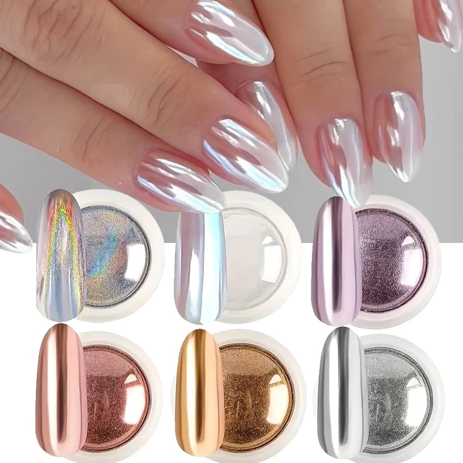 Set of 6 Chrome Nail Powders, White Pigments, Gold and Silver, Iridescent Aurora Holographic Effect, Metallic Decorations for Nail Art