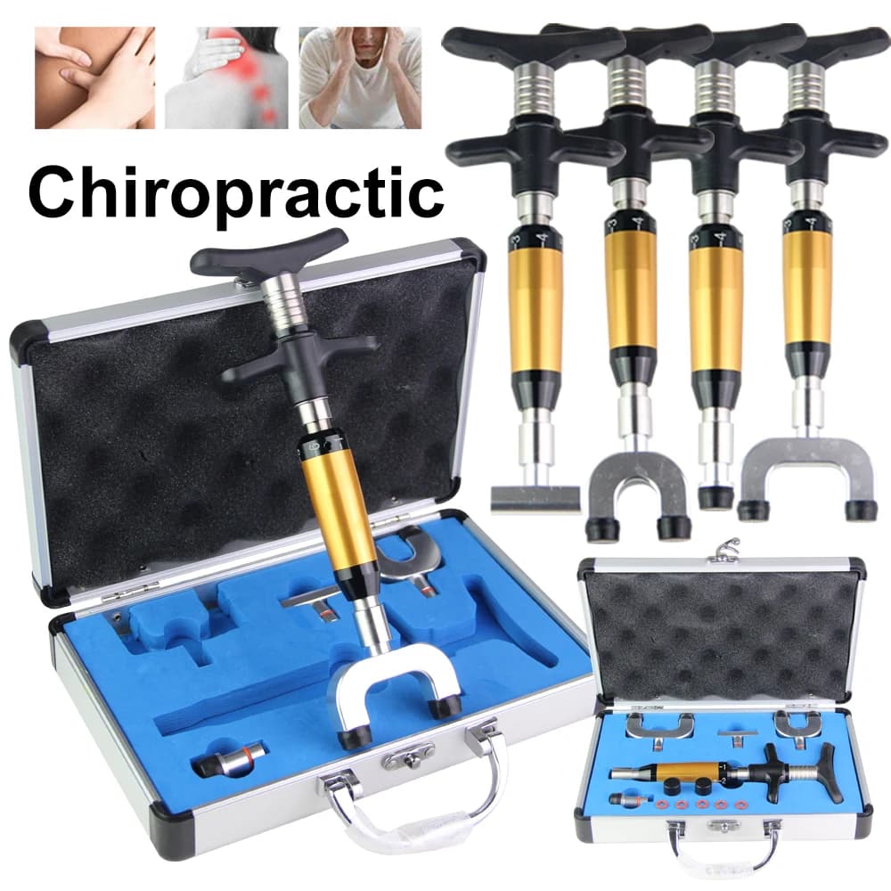 Chiropractic Adjustment Tool for Vertebral Column at 6 Levels, Vertebral Alignment Therapy, Body Massage with 4 Heads, Set Gun Manual Gold