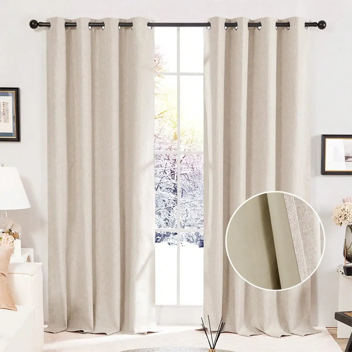 2 Pcs Full Blackout Curtains Faux Linen For Bedroom & Living Room - 100% Light Blocking Thermal Insulated Room Darkening, Noise Reducing, Modern Contemporary Style, 52 Inch Wide