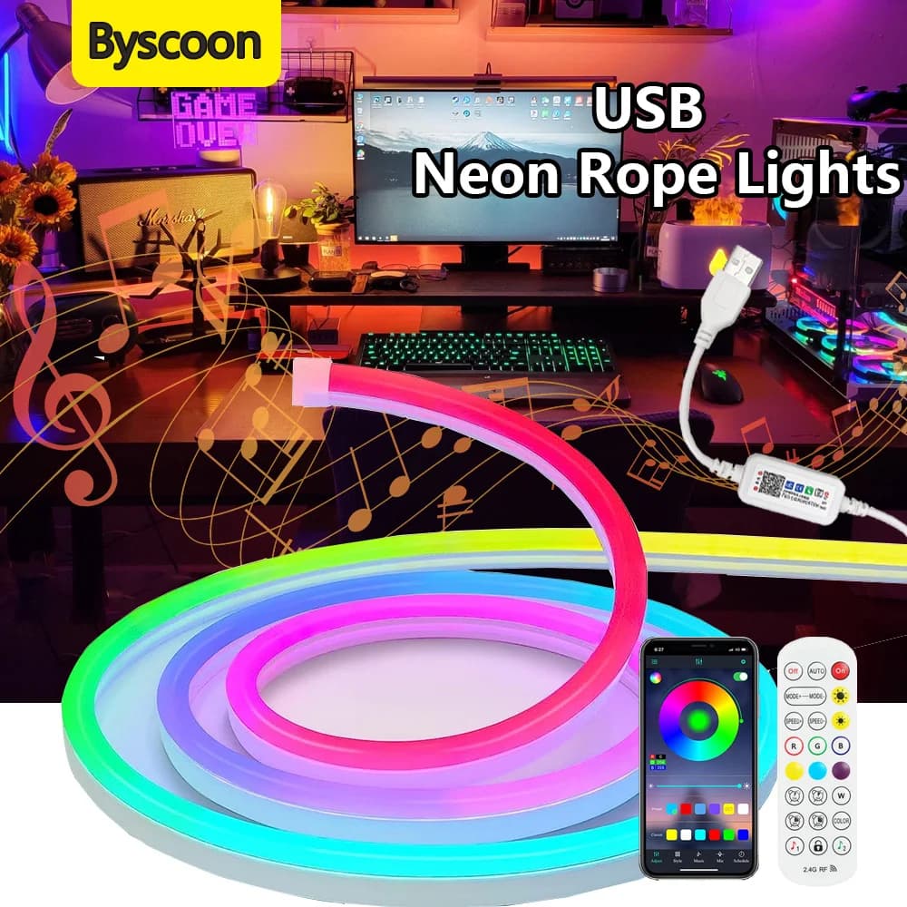 Striscia LED al neon 5V RGB IC USB 2-5M Luci a nastro flessibili impermeabili Sincronizzazione musicale con telecomando app per la decorazione domestica