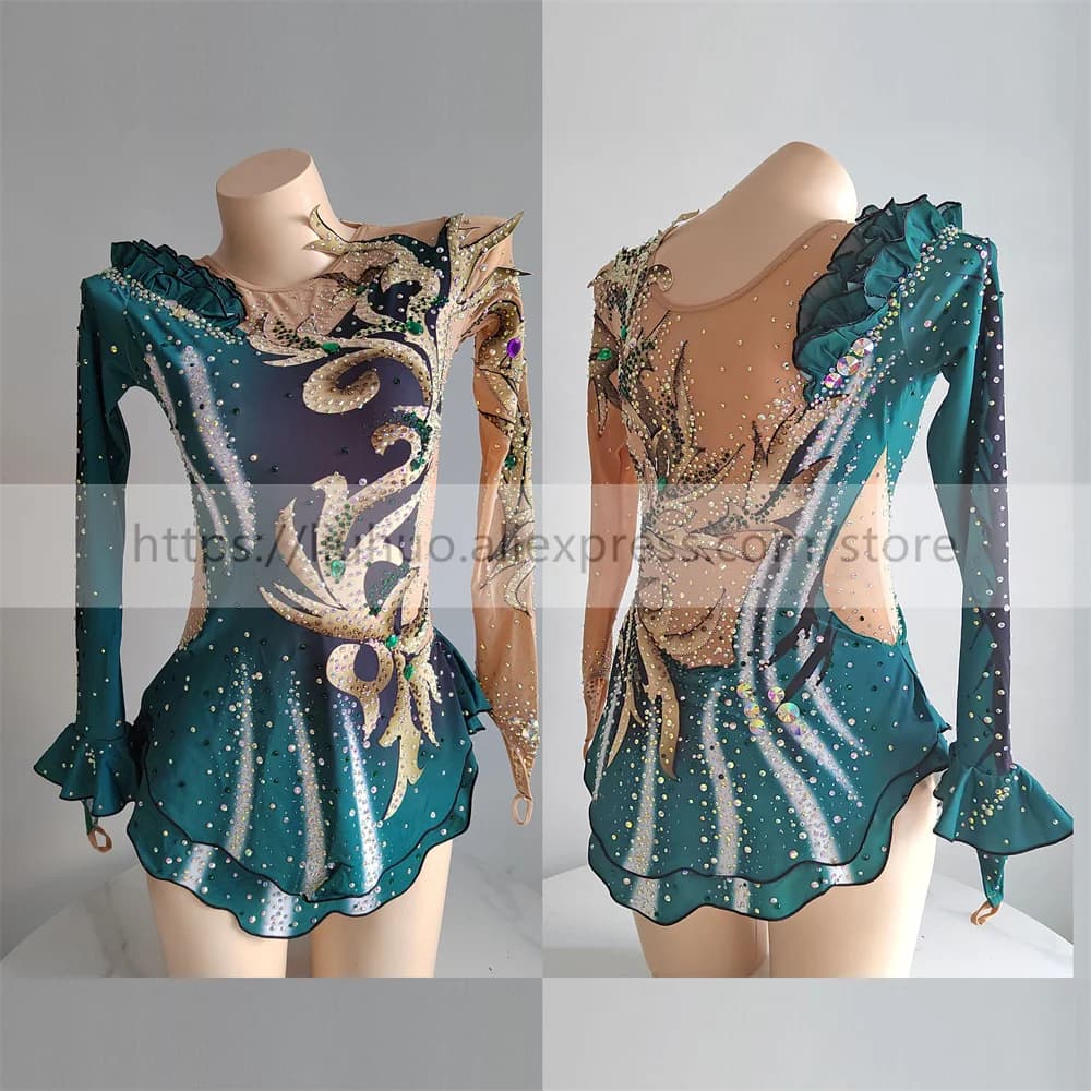LIUHUO Donna Ragazza Costume Prestazioni Ginnastica Ritmica Concorso di Balletto Body Pattinaggio di Figura sul Ghiaccio Vestito Verde Scuro Aldult