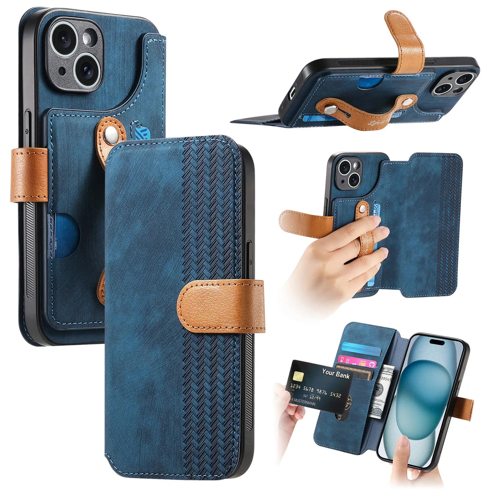 Custodia a Portafoglio da Polso in Pelle con Blocco RFID per Xiaomi POCO M6 Pro M5S M4 M3 X7 X6 X5 X3 NFC F5 F3 GT, con 4 Scomparti per Carte e Supporto per Dita
