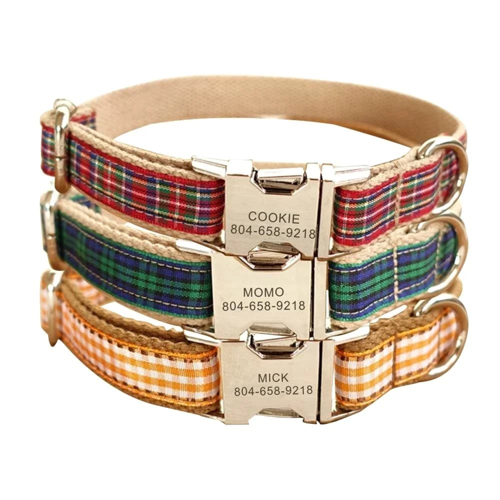 Collare per animali domestici personalizzato Plaid scozzese Personalizzato Cucciolo di gatto Nome ID Tag Collari regolabili Guinzaglio di piombo Collari per cani con incisione gratuita