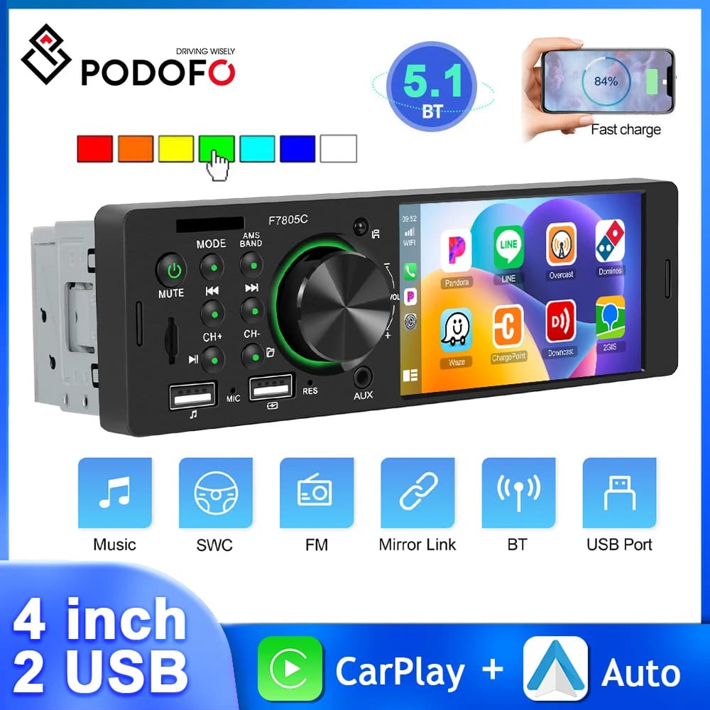 Podofo 1Din 4 ''HD Touch Screen Autoradio CarPlay Android Auto Lettore MP5 FM/RDS Bluetooth EQ Suono Specchio Link USB Car Stereo