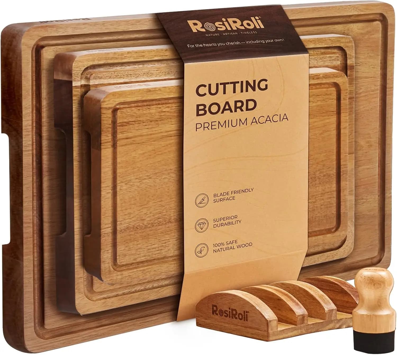 Set di 3 Taglieri in Legno di Acacia con Scanalature per il Succo e Manici, Taglieri da Cucina per Preparazione e Servizio, Regalo di Benvenuto