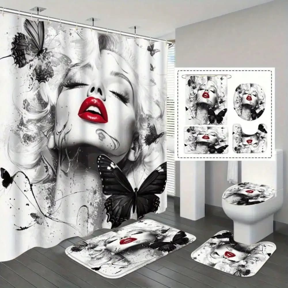 1/4pcs Butterfly Kiss II Shower Curtain Set, Black And White Background Red Lip Butterfly Print Bathroom Decor, Includes Bath Mat, U-Shaped Mat, Toilet Lid Cover,Curtain with 12 Hooks, "Butterfly Kiss II, Artistic Style"