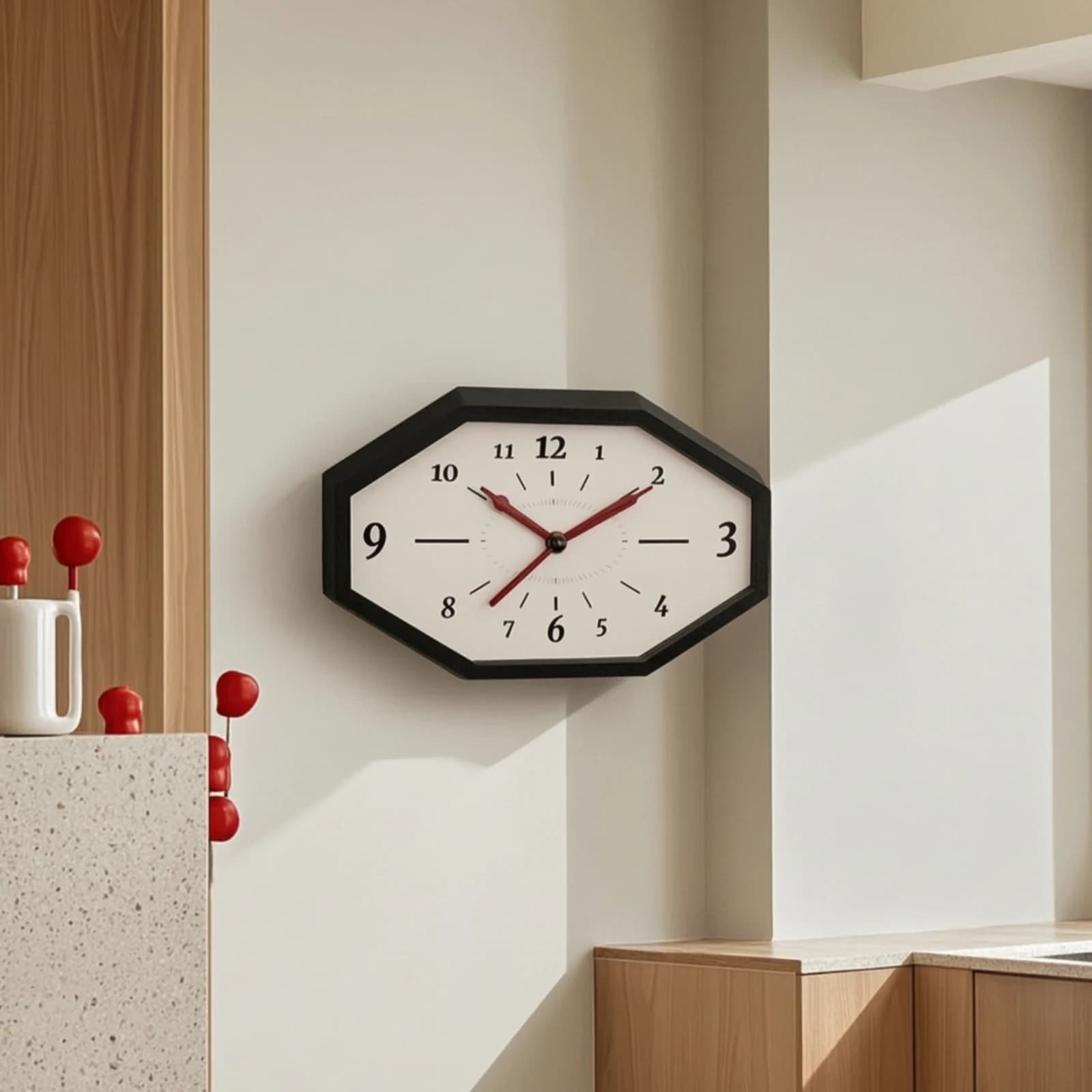 Octagonal Wall Clock Easy-to-Read Clock with Wooden Frame Timepiece Quartz Accurate for Living Room, Hallway