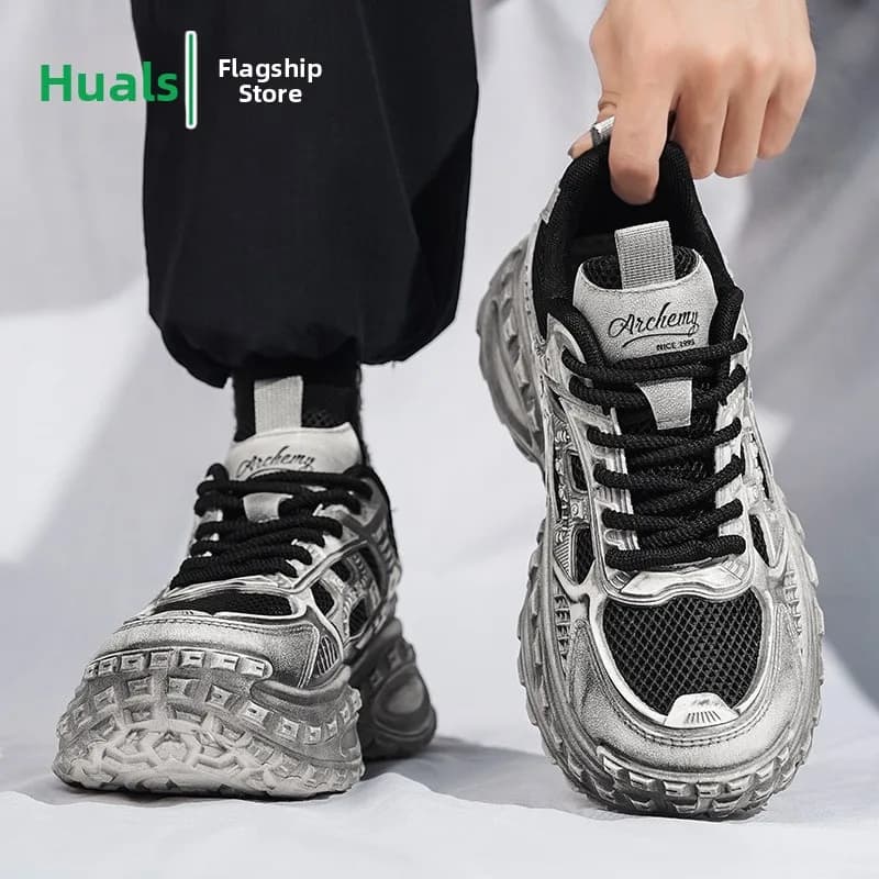 Men's Summer Breathable Running Shoes Casual Dad Style Thick Bottom Heightening Net Surface Fashionable Outdoor Low Top Gluei...