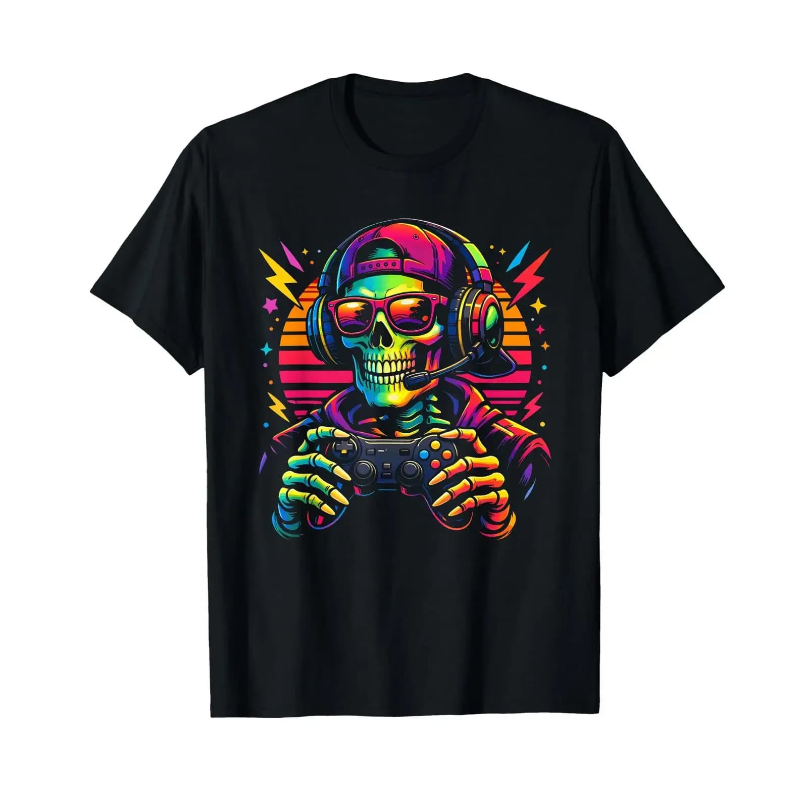 T-shirt vintage con stampa grafica di un scheletro gamer, cuffie da gaming e gamepad, per tutti i giorni, stile trendy.