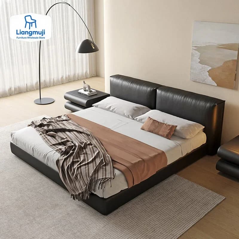 Letto matrimoniale moderno minimalista in pelle imbottito, con struttura in tofu, per camera da letto padronale, letto queen size, letto singolo
