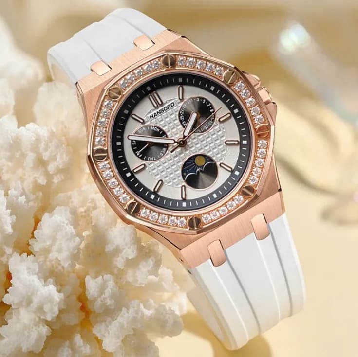 Orologio al Quarzo da Donna Hanbro 37mm, Orologio da Polso Luminoso Impermeabile con Vetro Zaffiro, Cinturino in Silicone, Data e Giorno della Settimana, Fasi Lunari