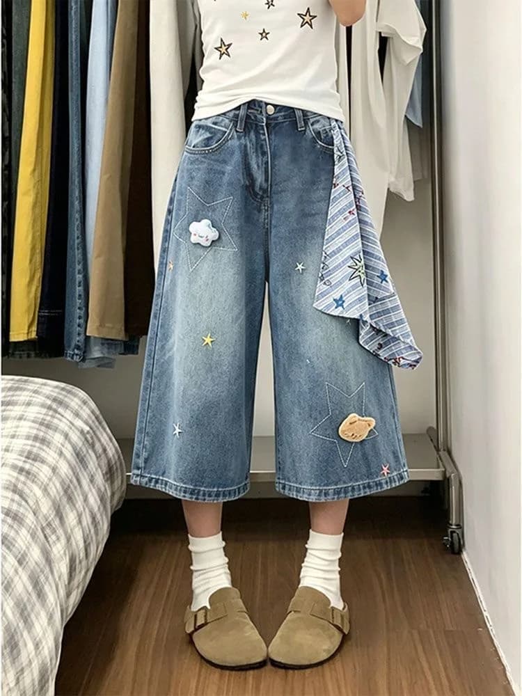 Design Sensation Embroidered Bear Slim Fit Seven-Foot Denim Jeans Women Summer Large Size Loose Straight Wide Leg Pants