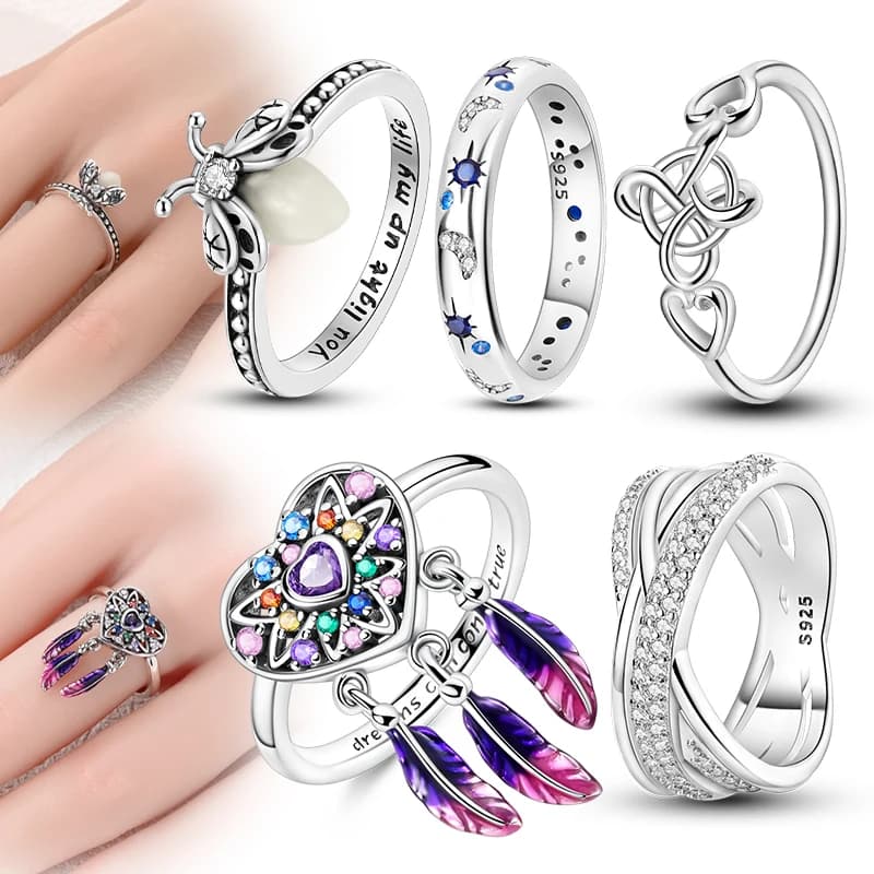 Hot 925 Sterling Silver Ring Glowing Firefly Starry Night Heart Dreamcatcher Wedding Finger Ring Size 6 7 8 9 For Women Jewelry