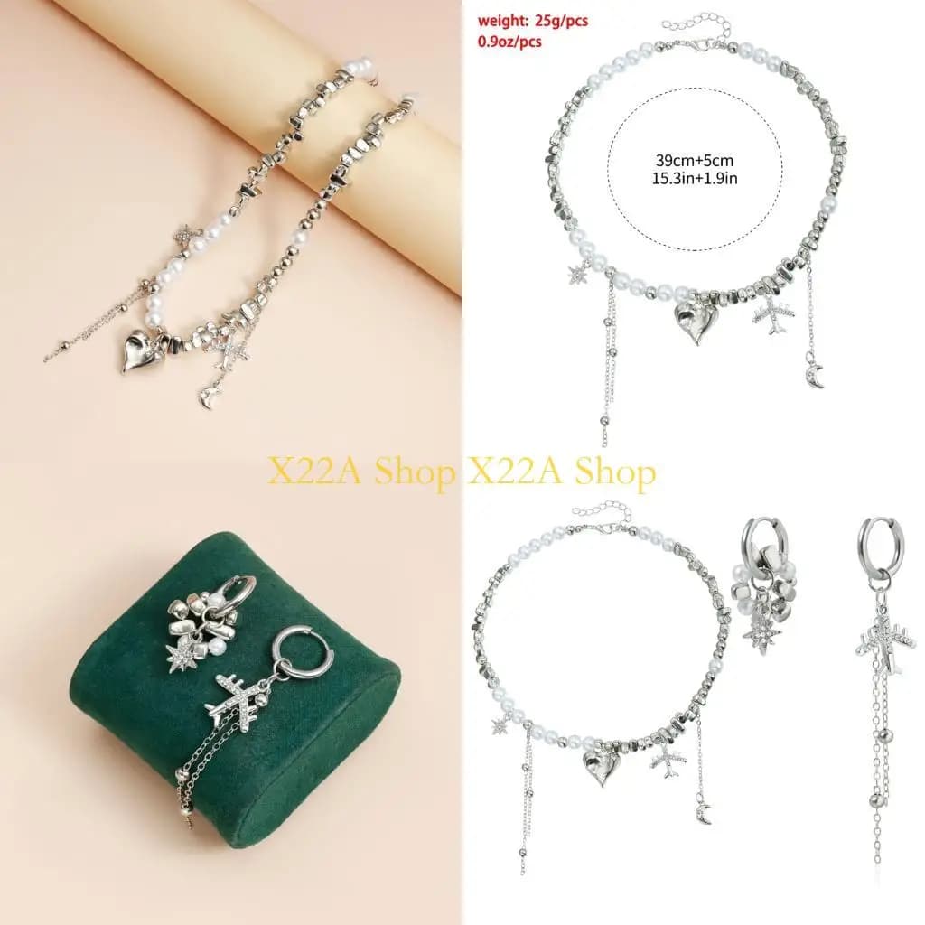 Collana e orecchini a cuore geometrico unici unici con gioielli Star Moon Plane