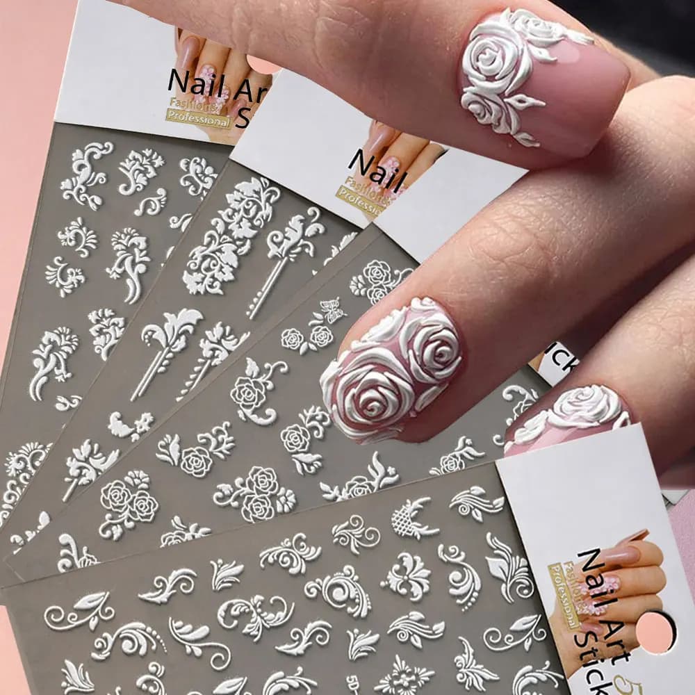 1 pz 5D Rosa Bianca Adesivi Per Unghie In Rilievo Francese Bianco Floreale Unghie artistiche Decalcomanie 8*10 cm Adesivo FAI DA TE Decorazioni Per Manicure di Nozze
