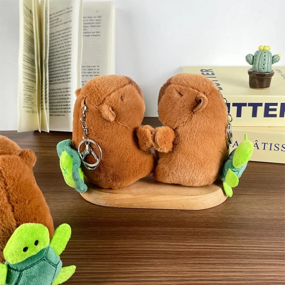 Verde morbido capibara portachiavi cartone animato tirando corda bambola peluche animale ciondolo pelliccia divertente rotante guscio di tartaruga giocattolo per bambini