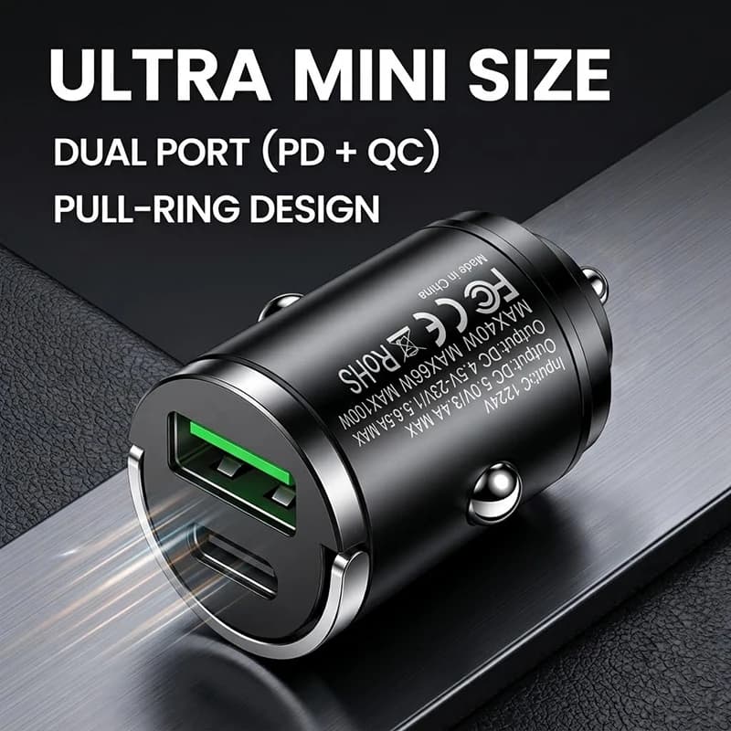 Mini Car Charger Dual Port USB C and USB A Fast Charging Flush Fit Auto Adapter with Pull Ring For Phones Tablets and Dash Cams